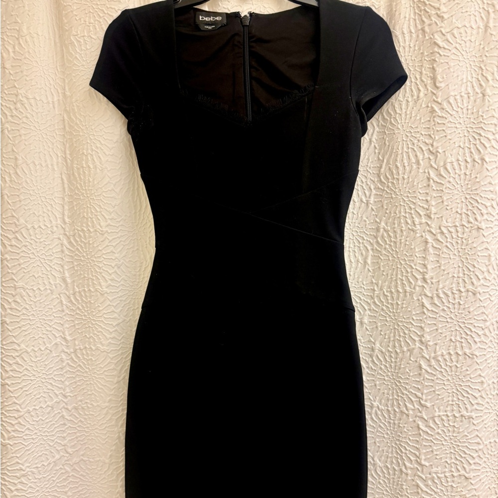 Bebe black lace detail body con midi dress XXS